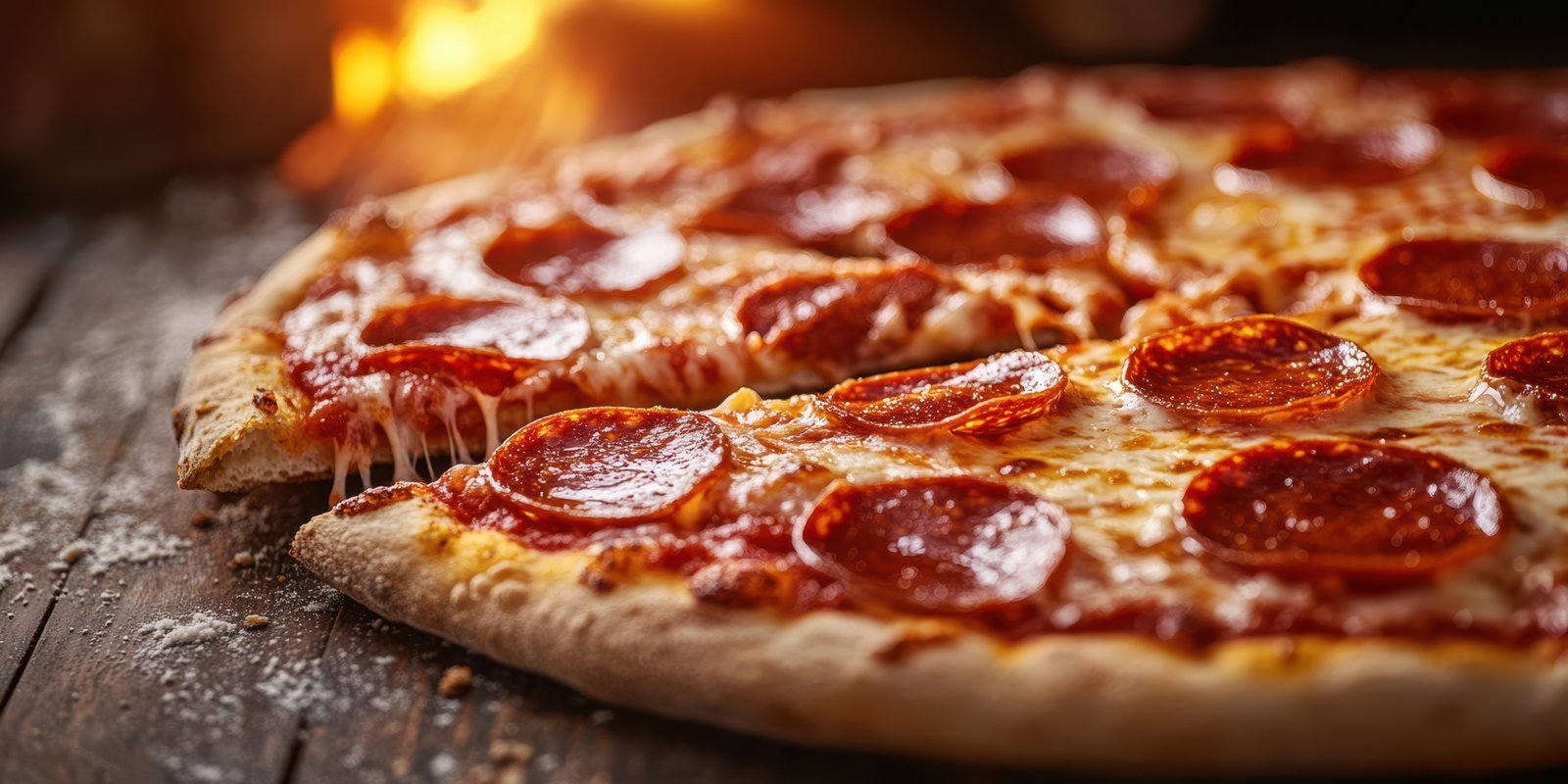 Mouthwatering pepperoni pizza on a rustic wooden table with melted cheese and crispy crust